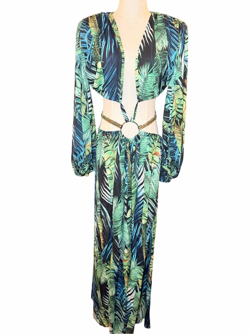 Bronx & Banco Jungle Cut Out Tropical Silk Maxi Dress Green M US 6 - Picture 4 of 14